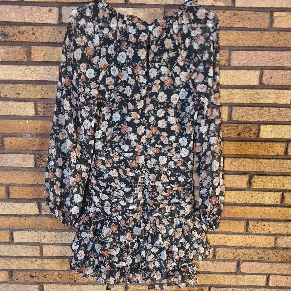 Fab'rik Small Black Floral Long Sleeve Ruched Dress - Picture 5 of 8